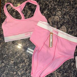 SKIMS pink Sports Bra and High-Waisted Brief Set